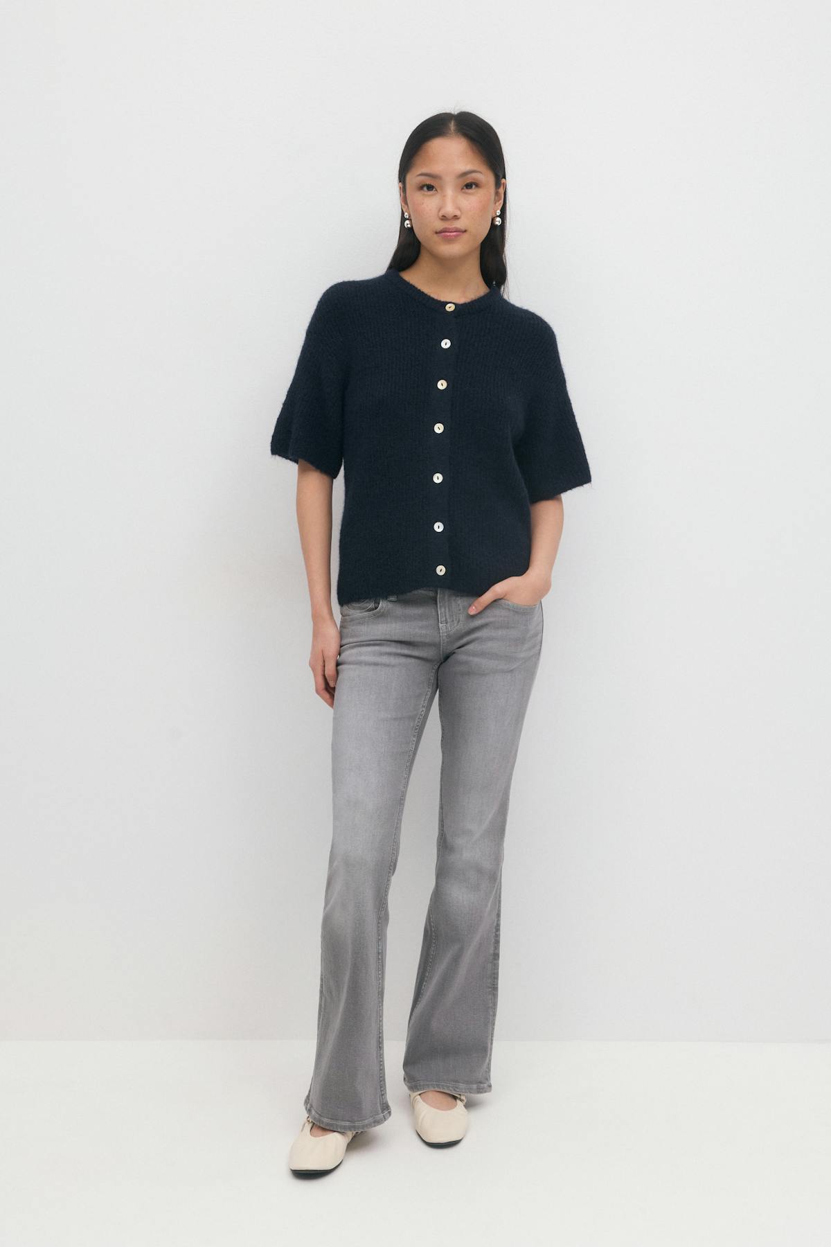 Short sleeve knitted cardigan - Blanc cassé