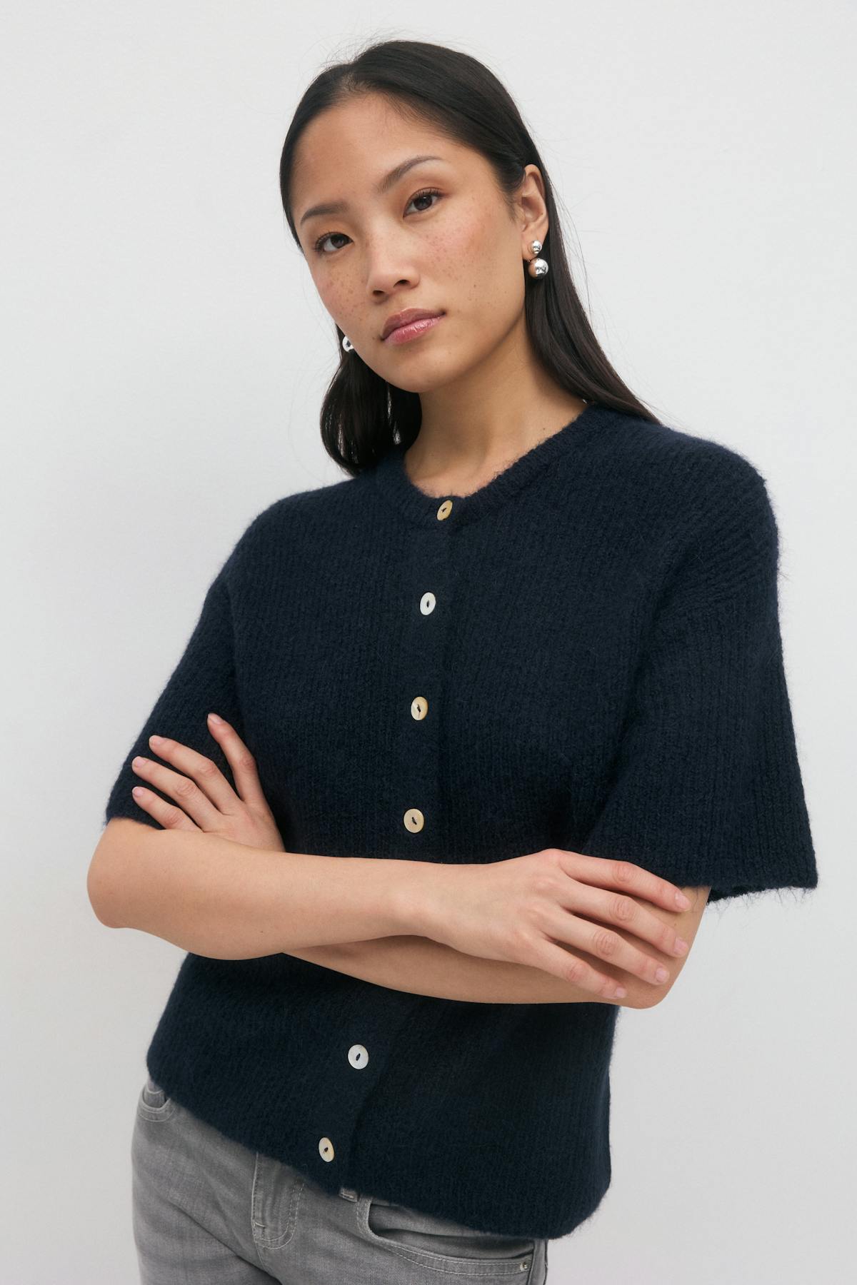 Short sleeve knitted cardigan - Blanc cassé
