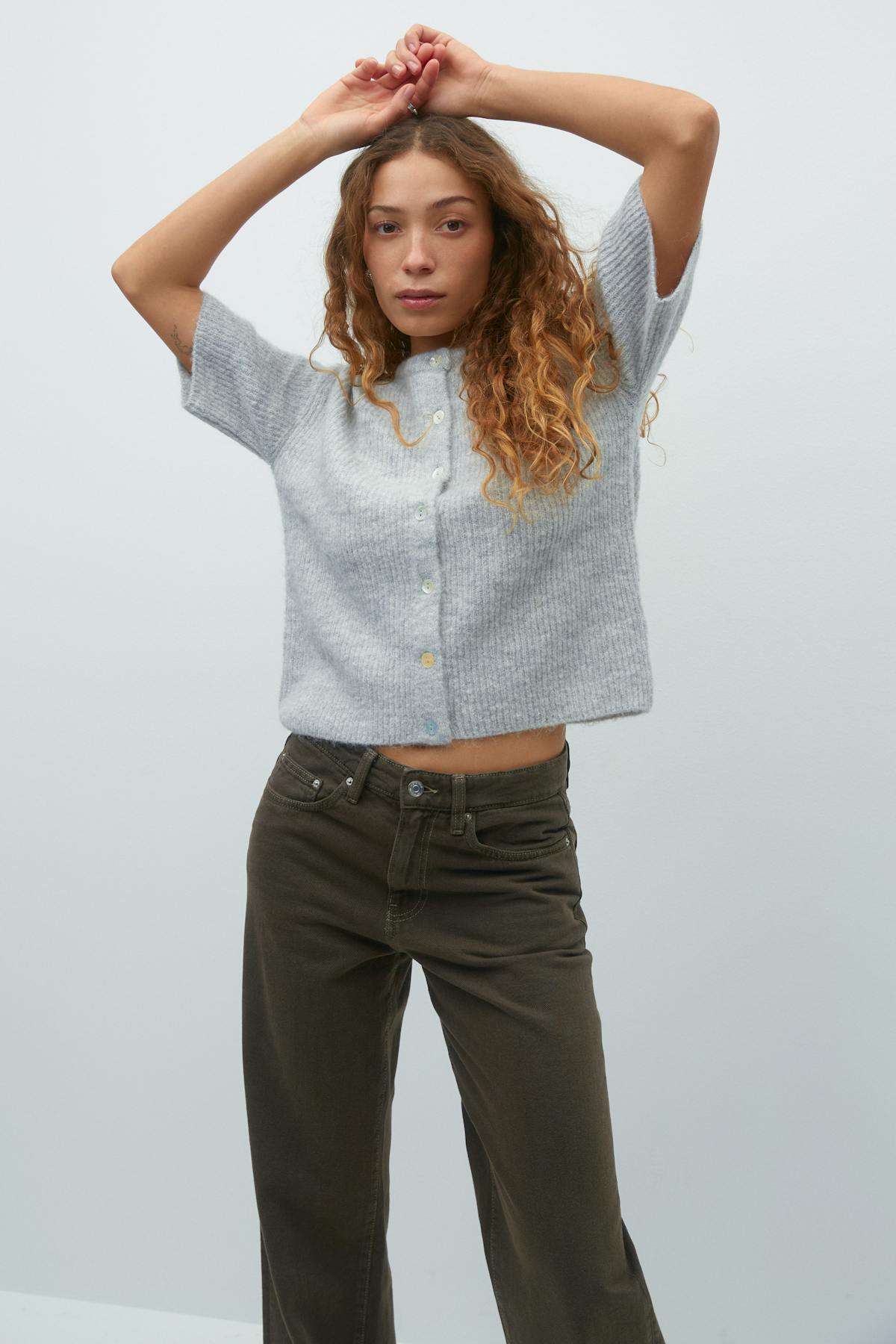 Short sleeve knitted cardigan - Lt grey melange