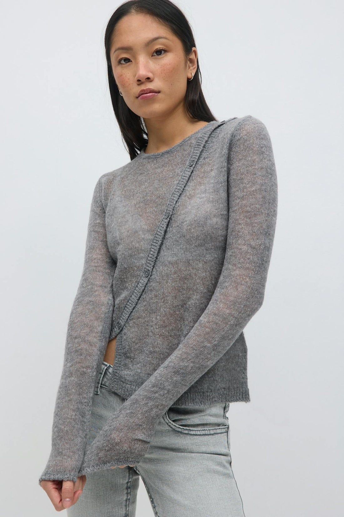 Asymmetric knitted cardigan - Mid grey mel