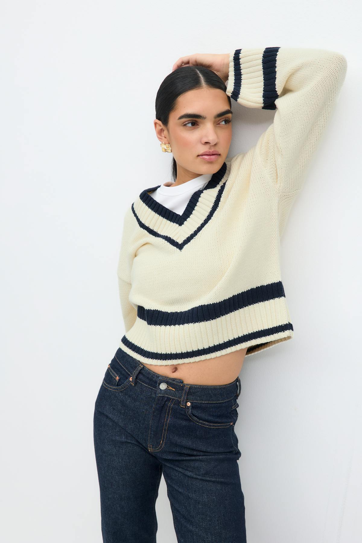 Cotton blend knitted sweater - Navy/white
