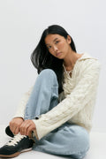 Knitted cable collar sweater - Crème