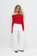 Knitted off shoulder top - High risk red