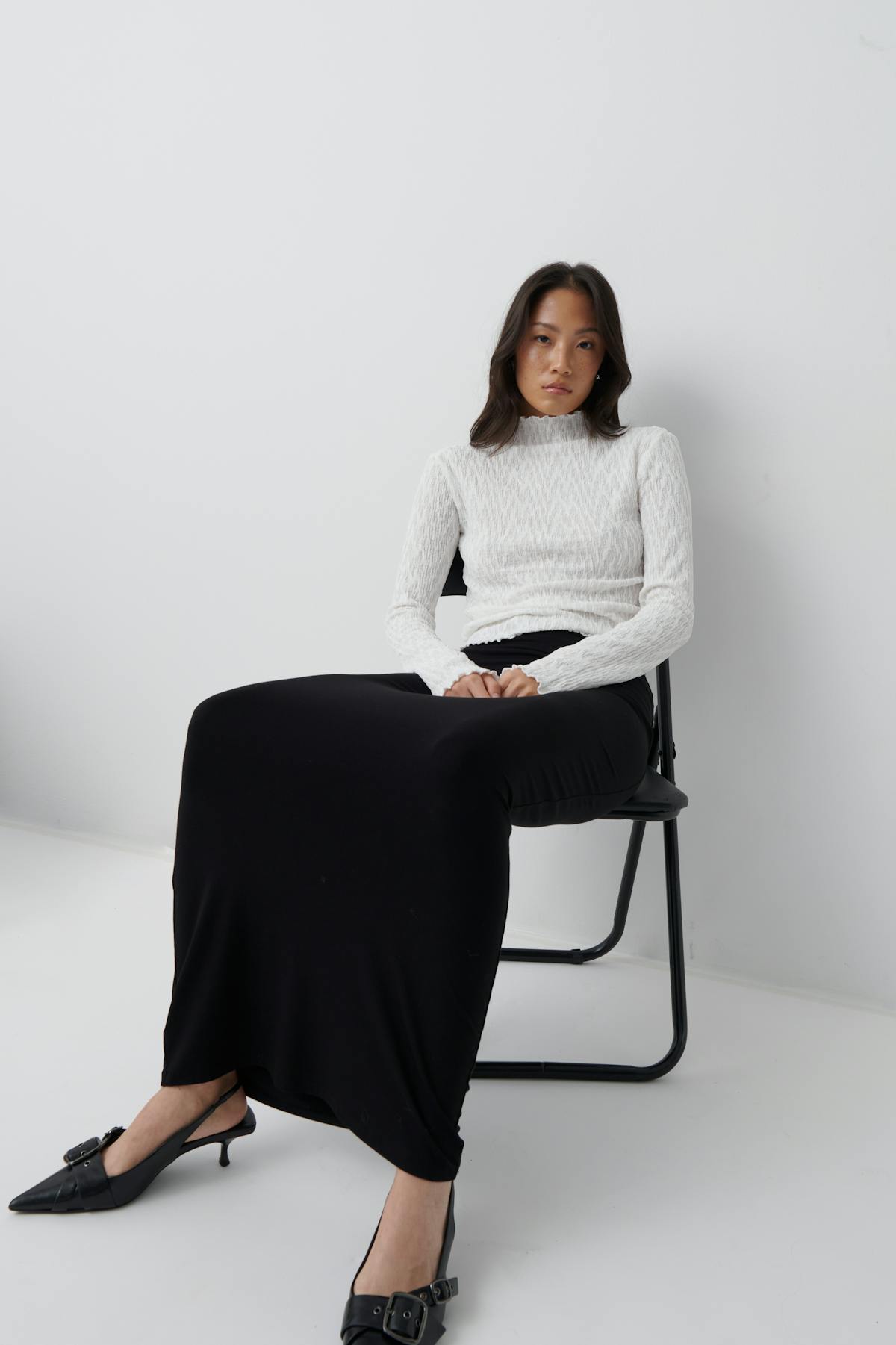 Textured funnel neck top - Blanc cassé