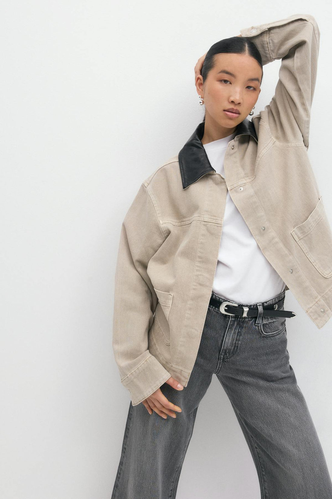 Contrast collar denim jacket - Beige