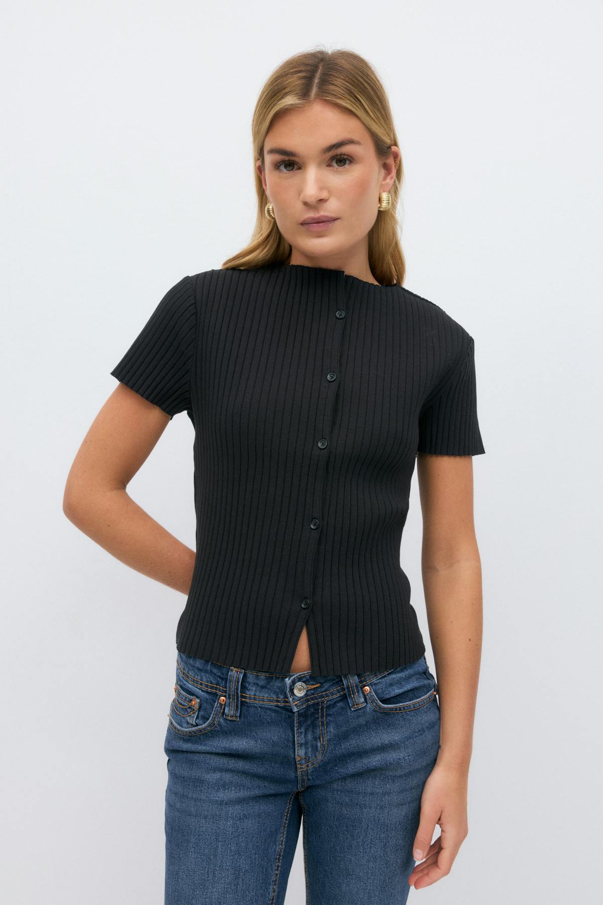 Rib button top - Noir