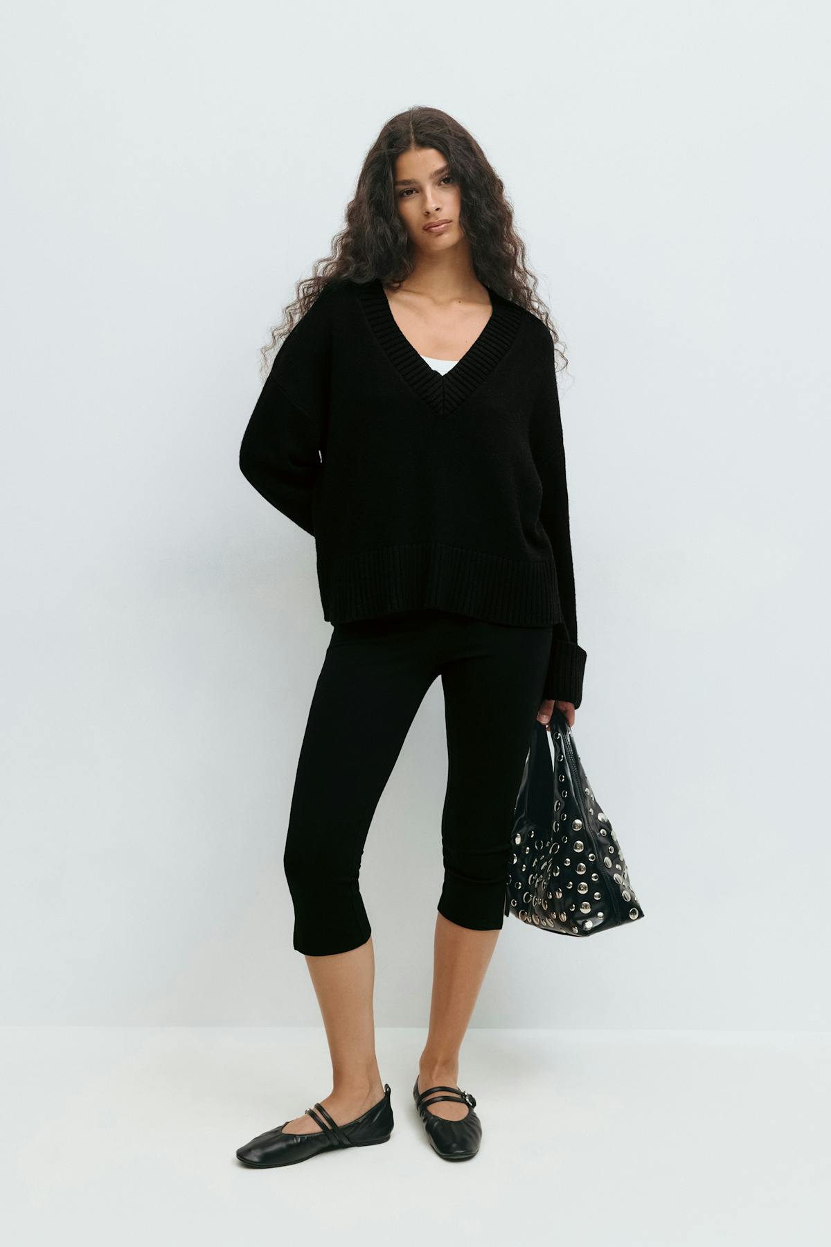 V-neck knitted sweater - Lt greymelange