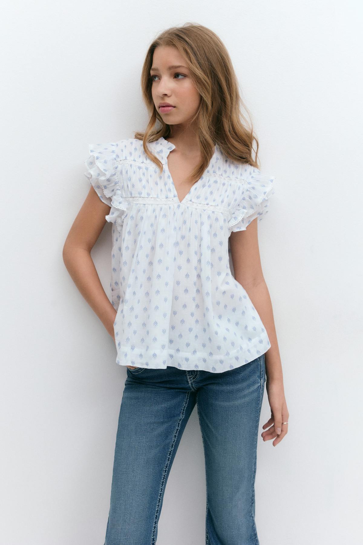 Y boho short sleeve top - Blue ditsy