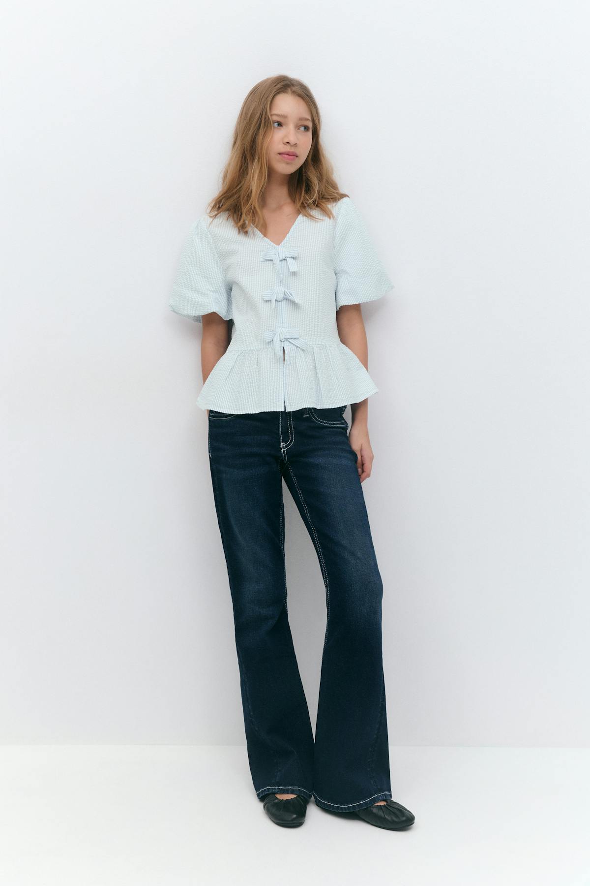 Y tie peplum top - Blue/white str