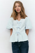 Y tie peplum top - Blue/white str