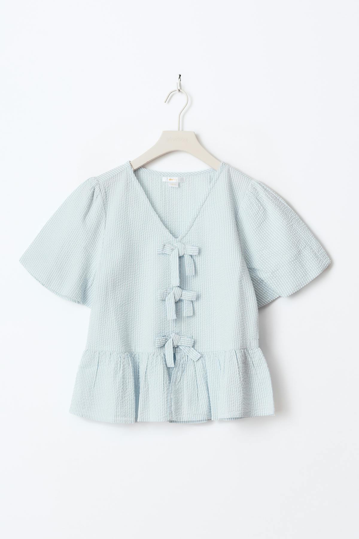 Y tie peplum top - Blue/white str