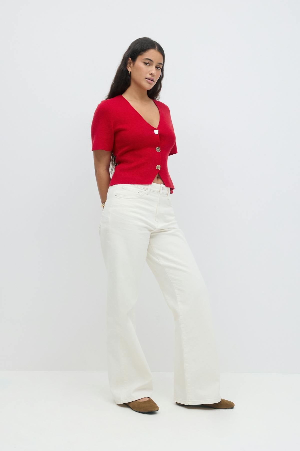 Knitted button top - High risk red