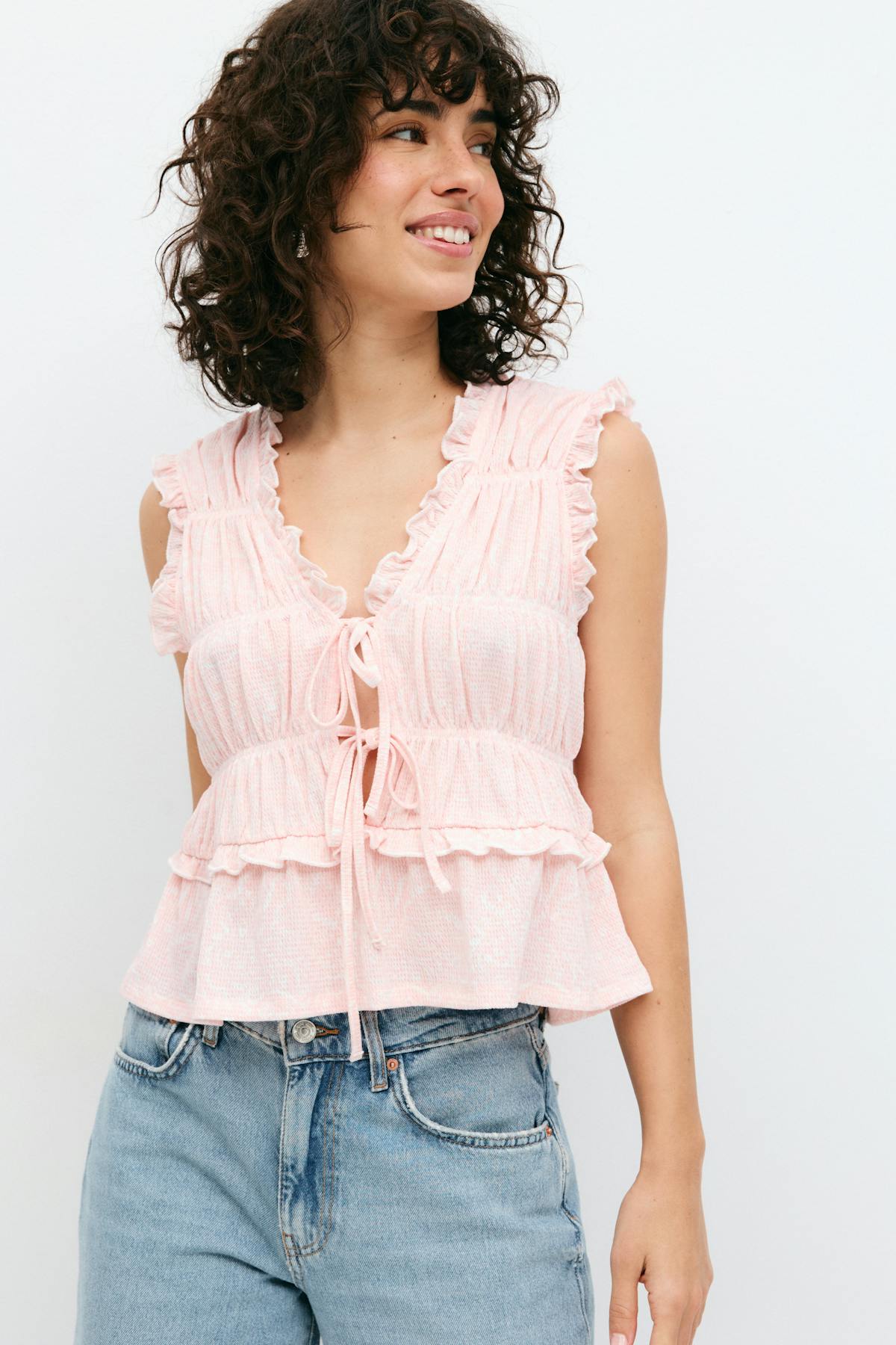 Frill tie front top - Pink paisley