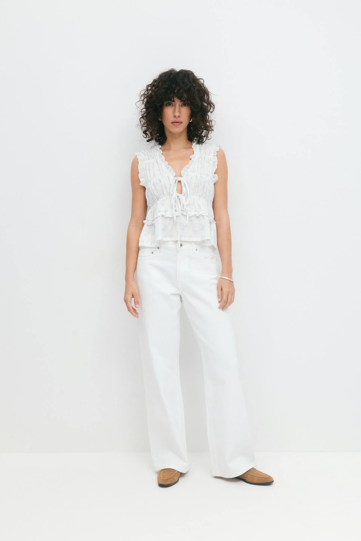 Frill tie front top - Blanc cassé