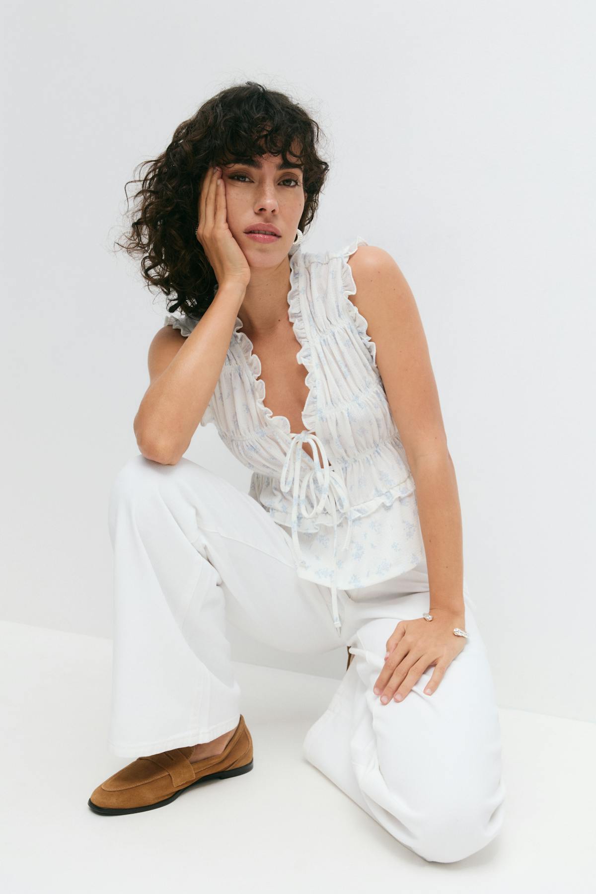 Frill tie front top - Blanc cassé