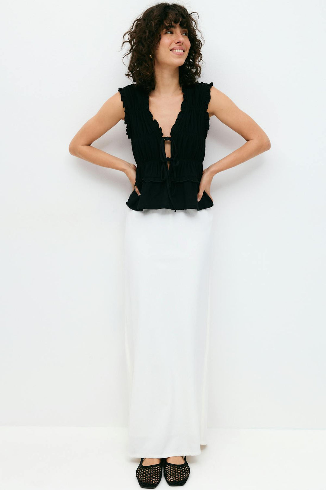 Frill tie front top - Noir