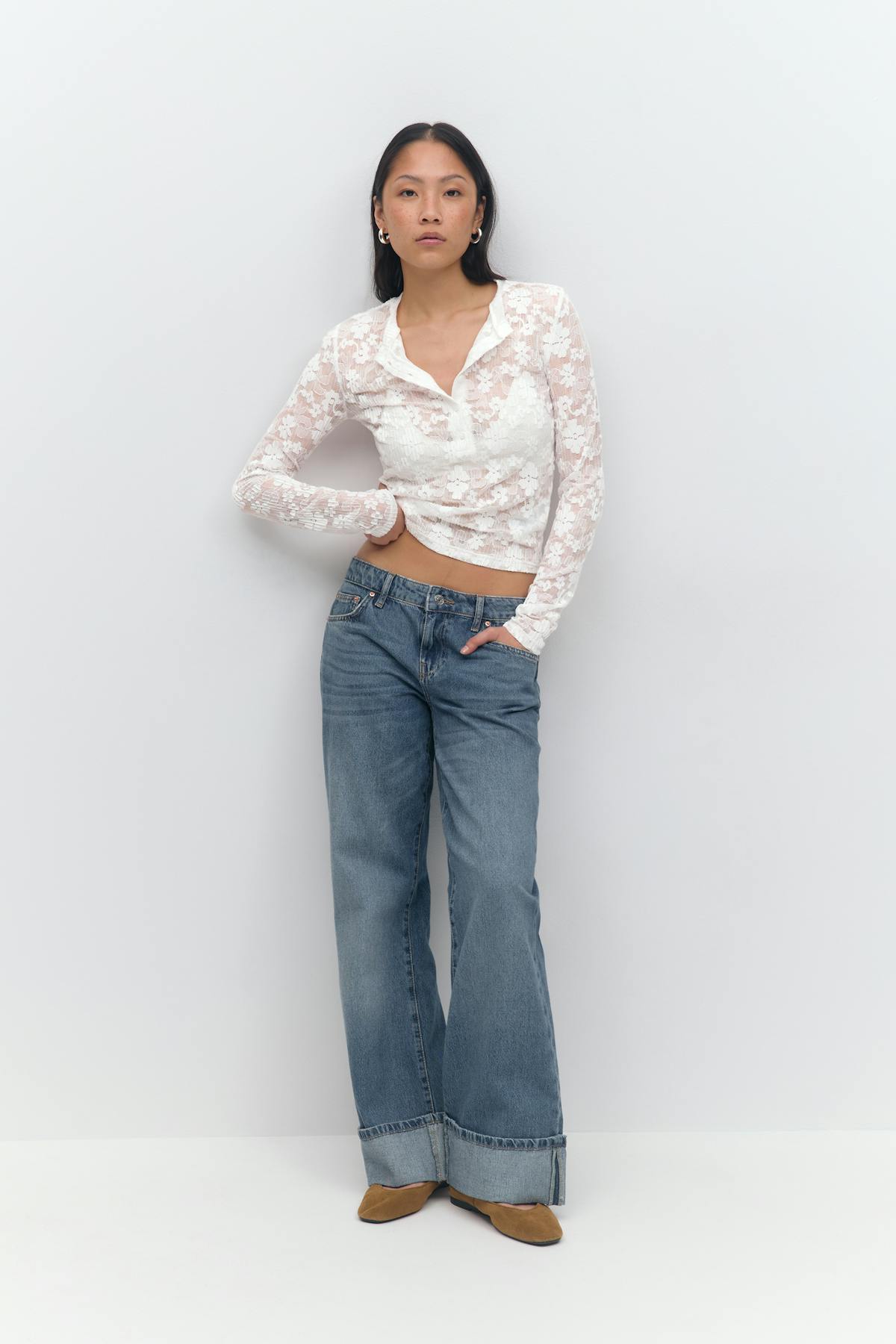 Pleated lace top - Blanc cassé