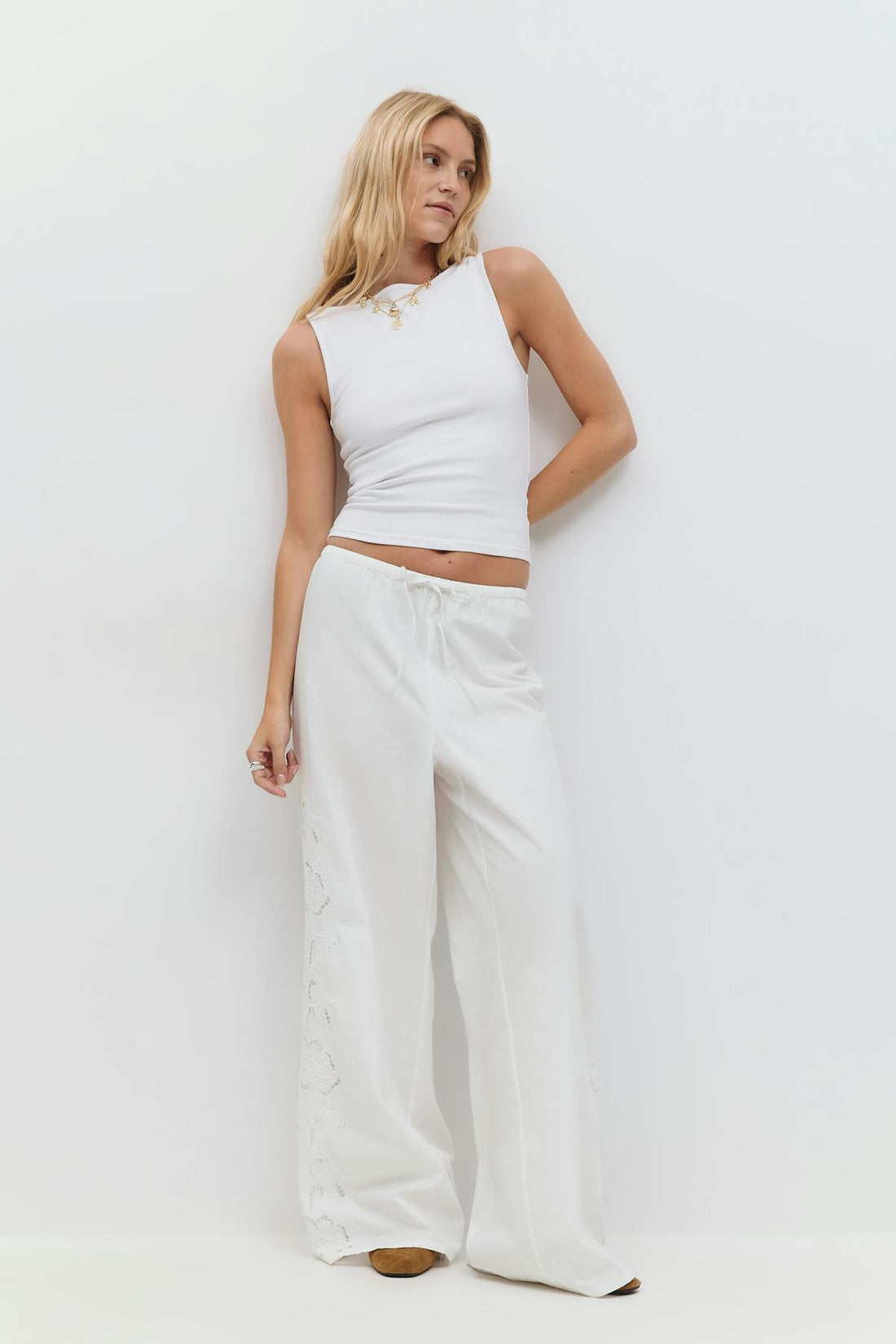 Embroidery poplin trousers - Blanc