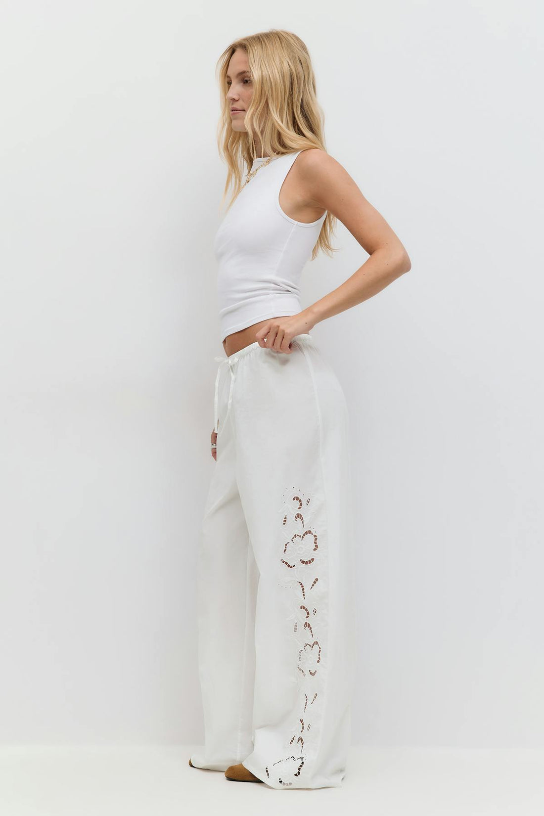 Embroidery poplin trousers - Blanc
