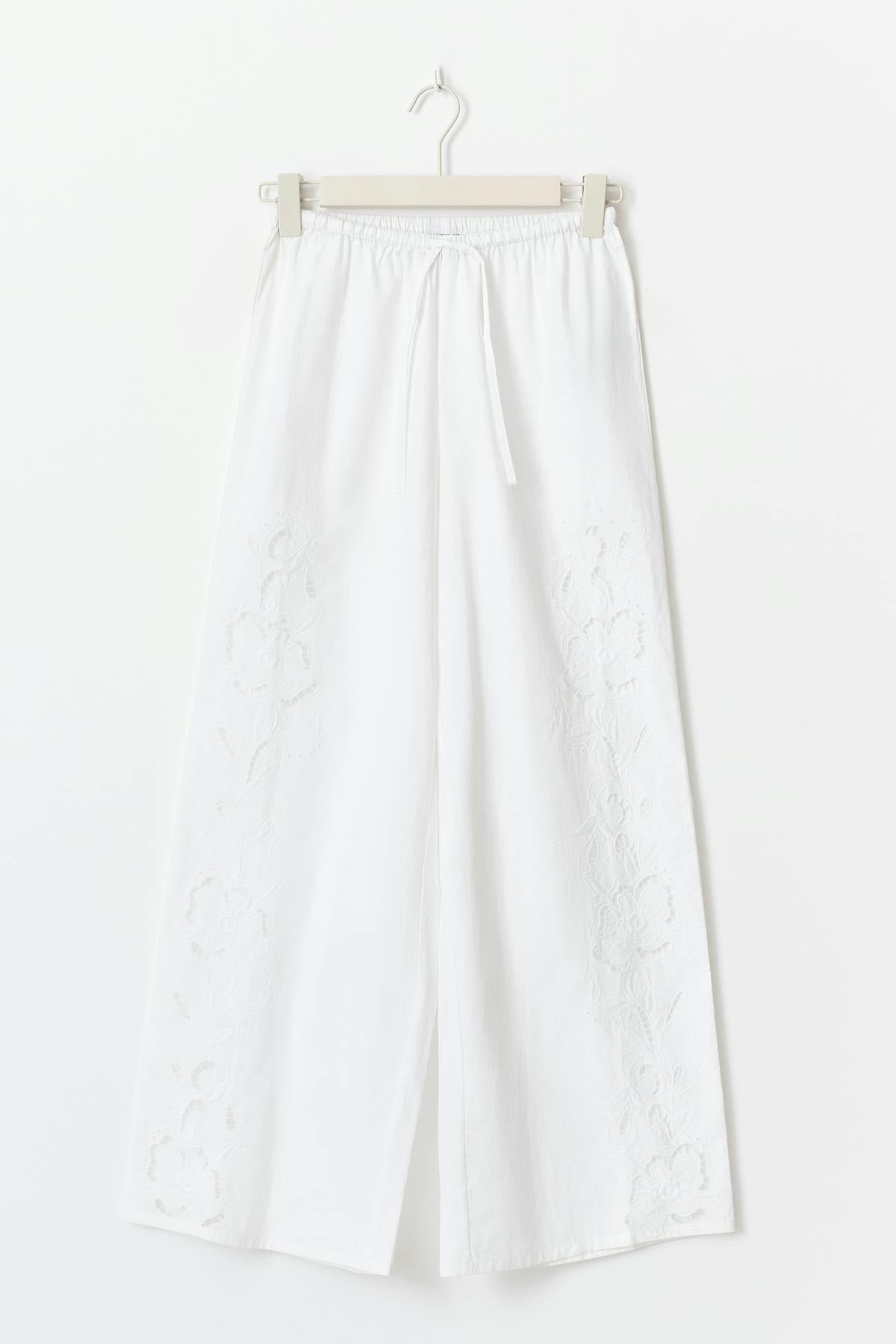 Embroidery poplin trousers - Blanc