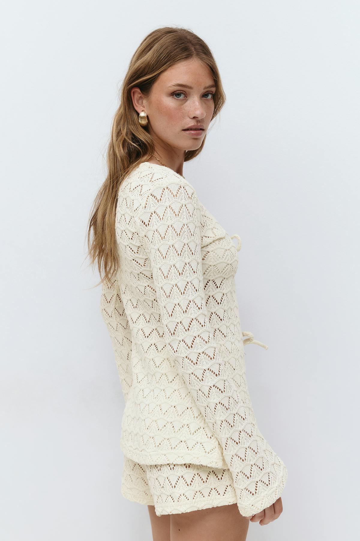 Crochet tie front cardigan - Raw white