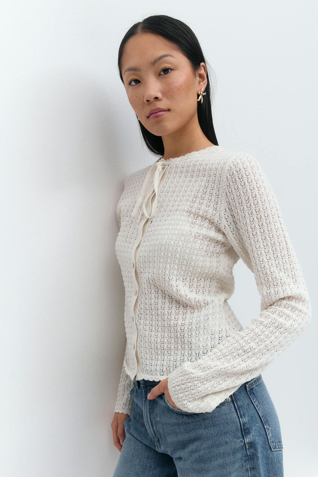 Crochet tie front cardigan - Knit white