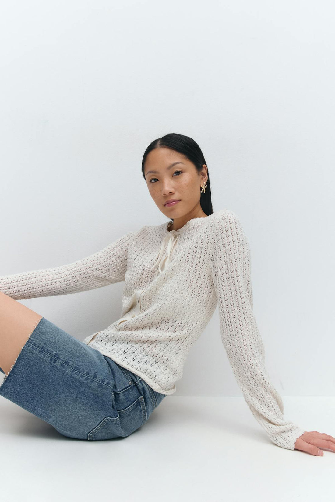 Crochet tie front cardigan - Knit white