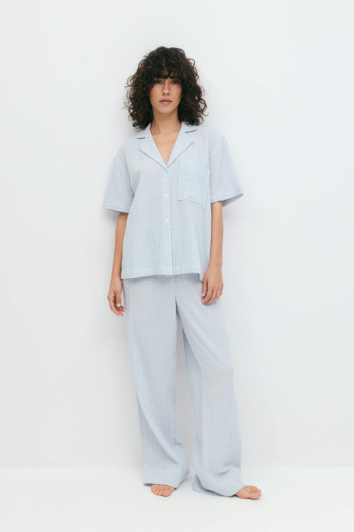 Gingham gauze homewear trousers - Blue check