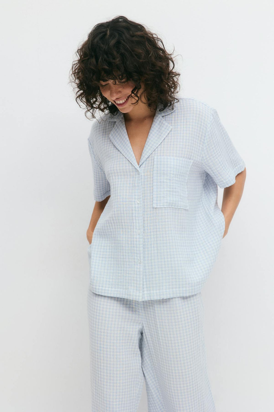 Gingham gauze homewear shirt - Blue check