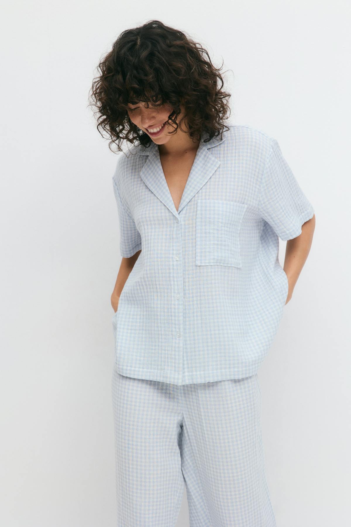 Gingham gauze homewear shirt - Blue check