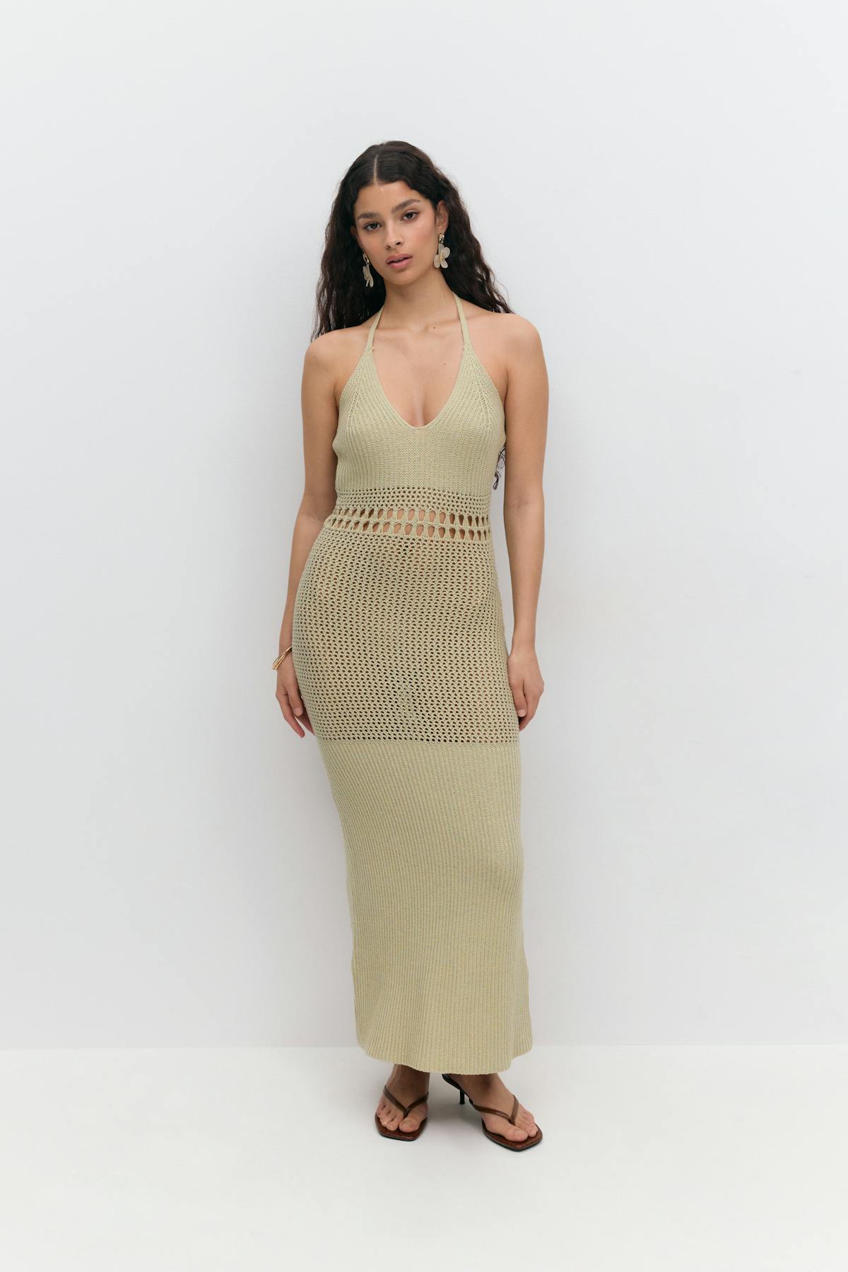 Knitted crochet dress - Cream/black