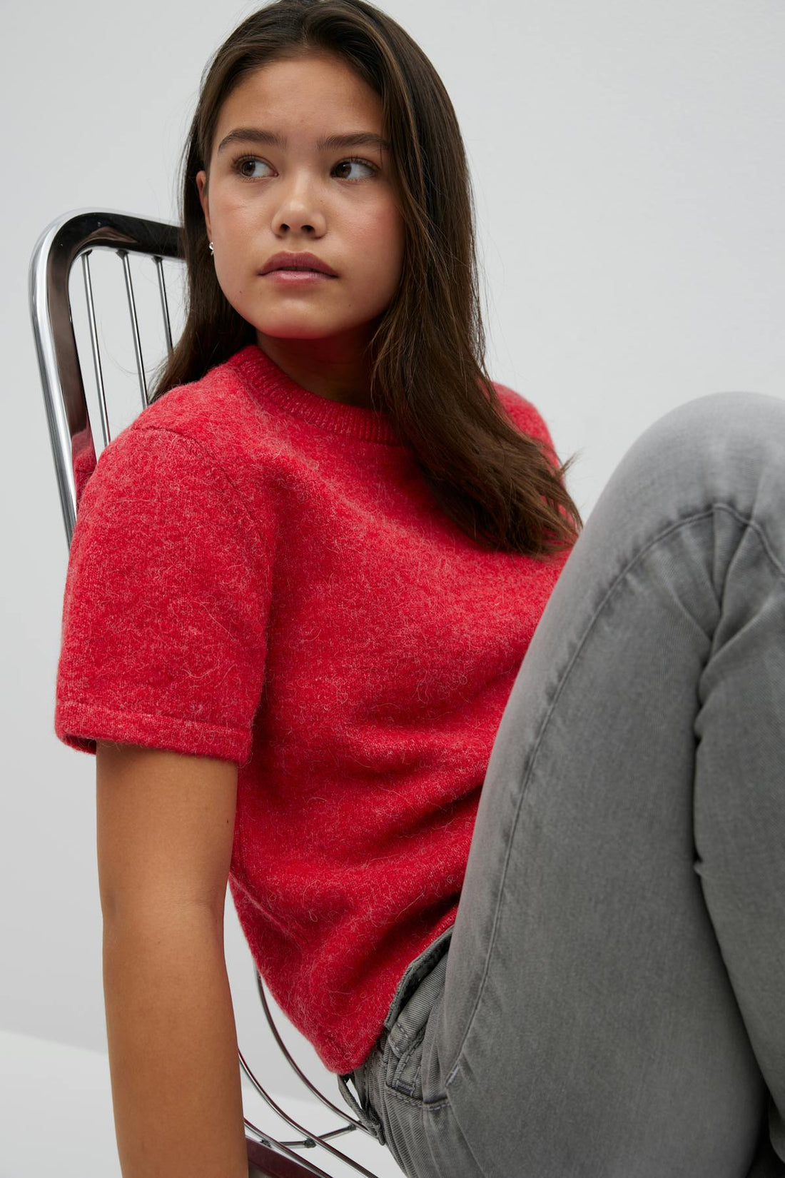 Y knitted short sleeve top - Rouge