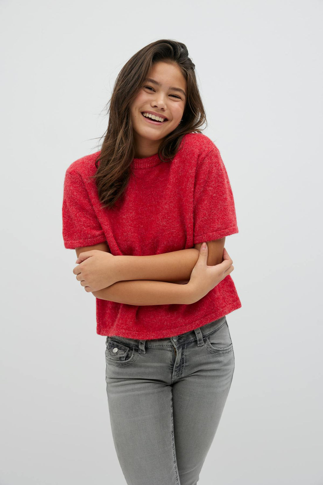 Y knitted short sleeve top - Rouge