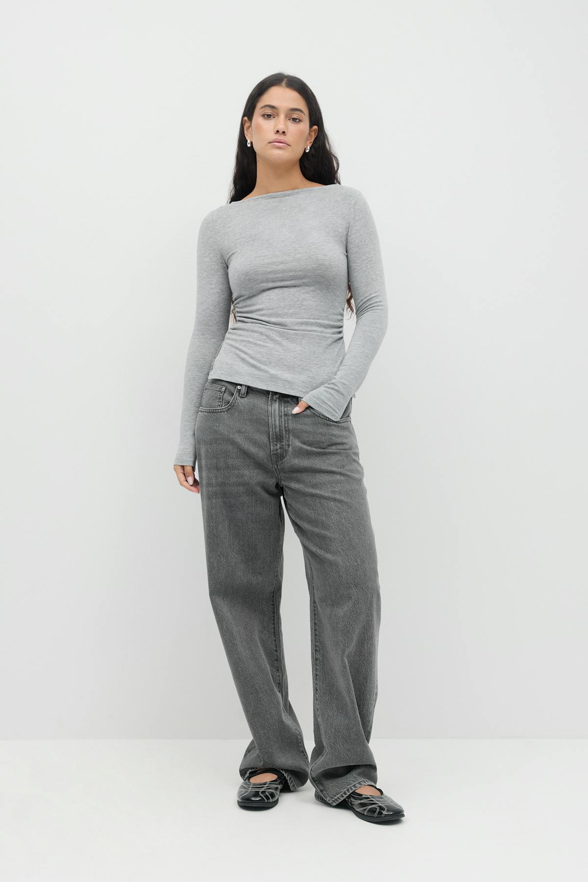 Boatneck ruched top - Grey melange