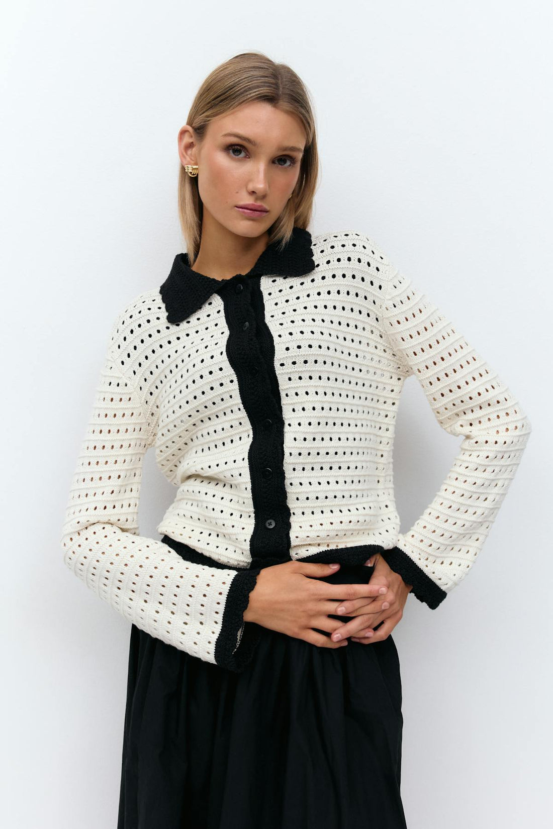 Knit contrast cardigan - Offwhite/black