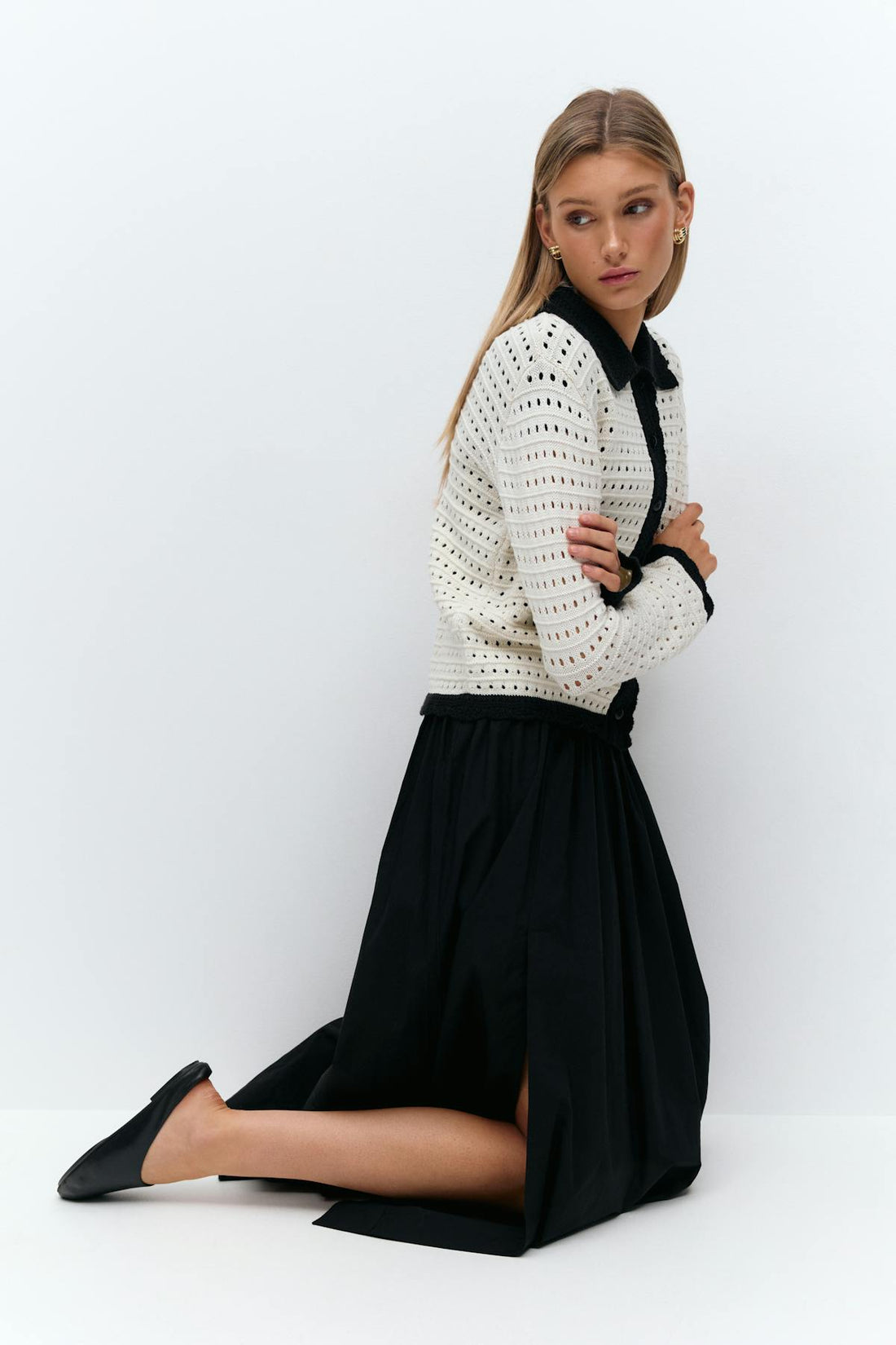 Knit contrast cardigan - Offwhite/black