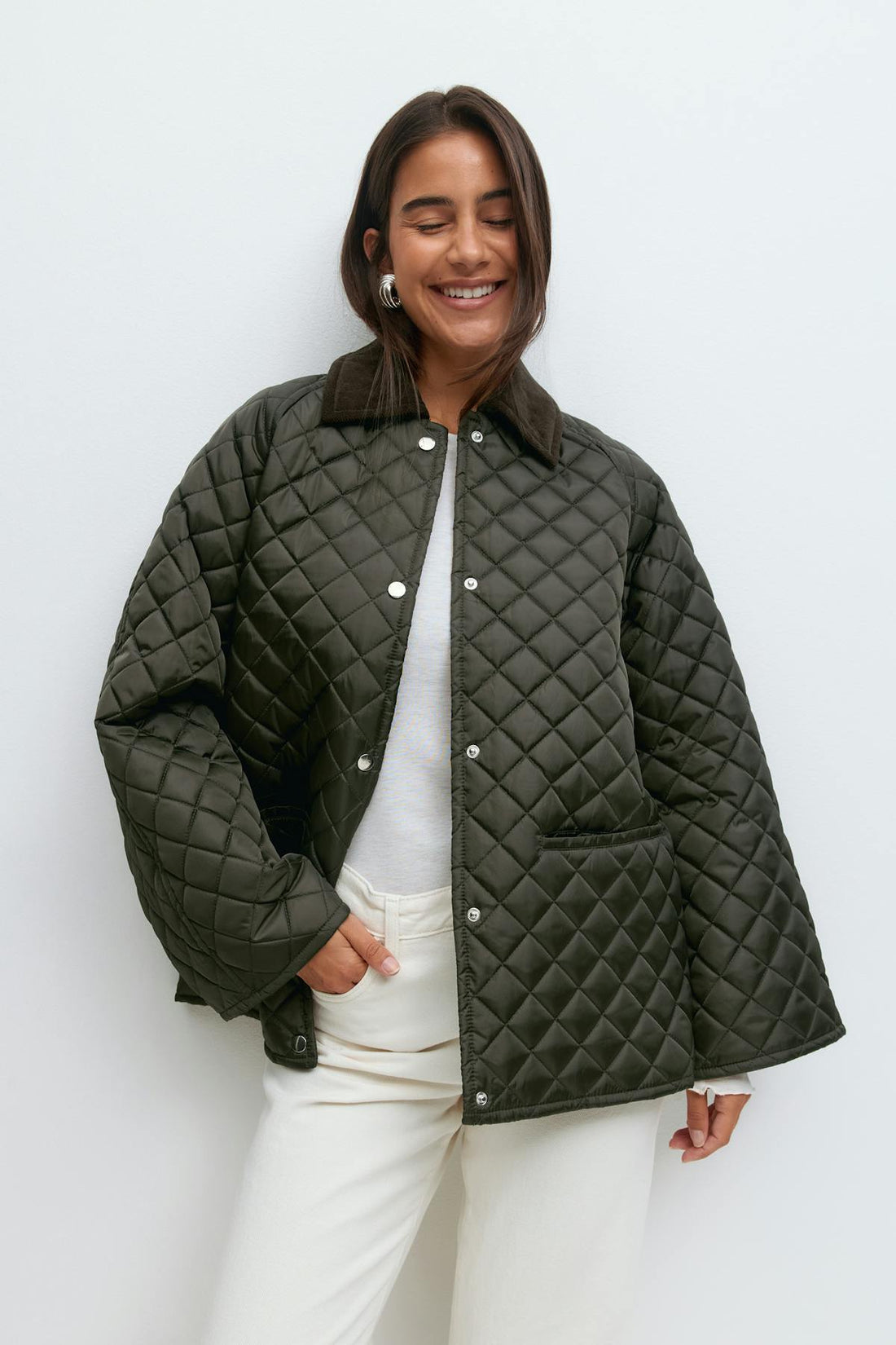 Corduroy collar quilted jacket - Vert foncé