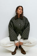 Corduroy collar quilted jacket - Vert foncé