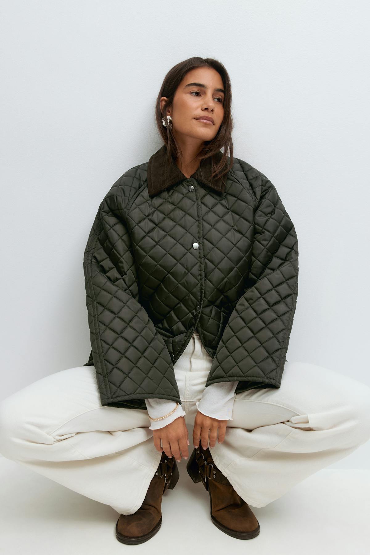 Corduroy collar quilted jacket - Vert foncé