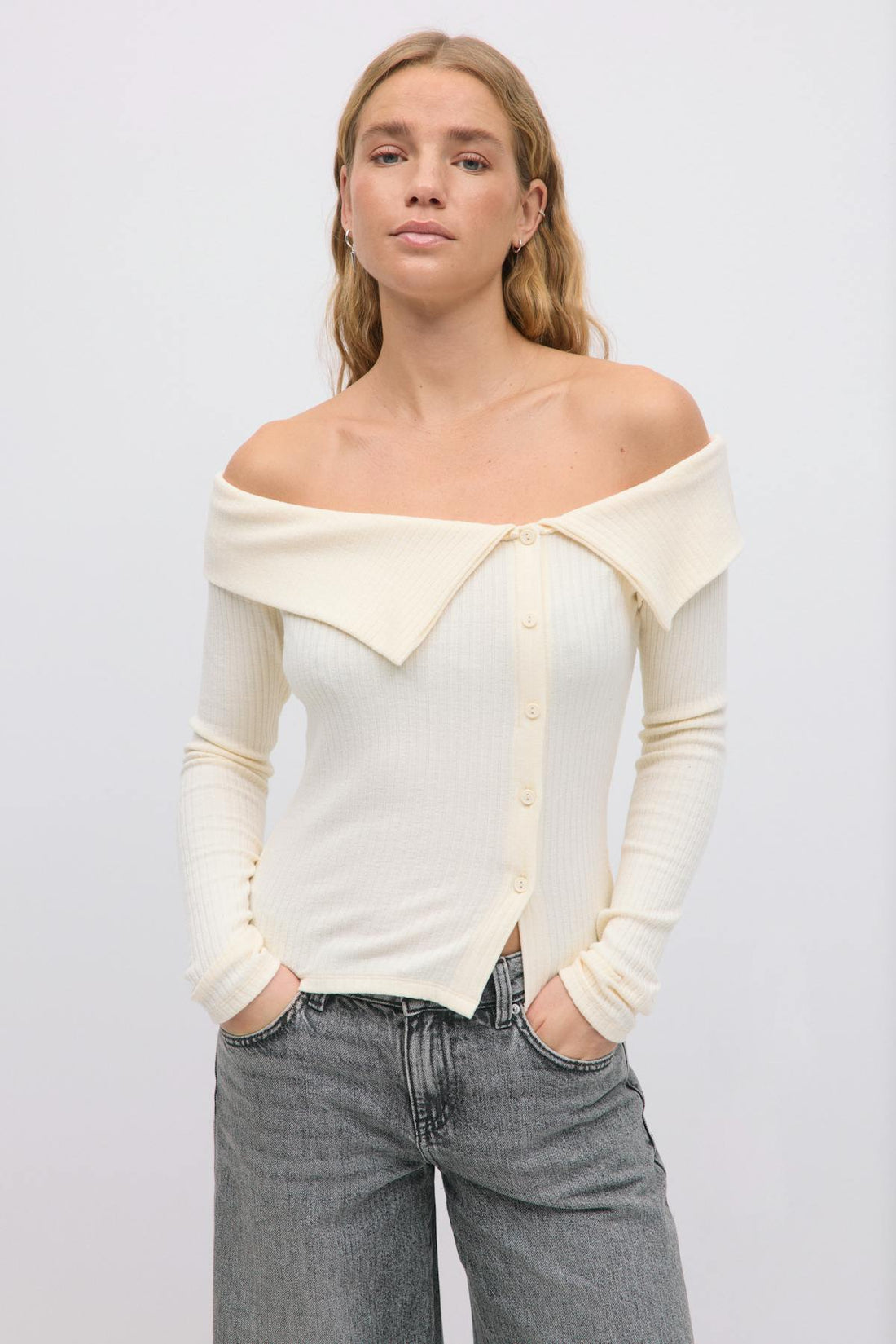 Off shoulder rib top - Egret
