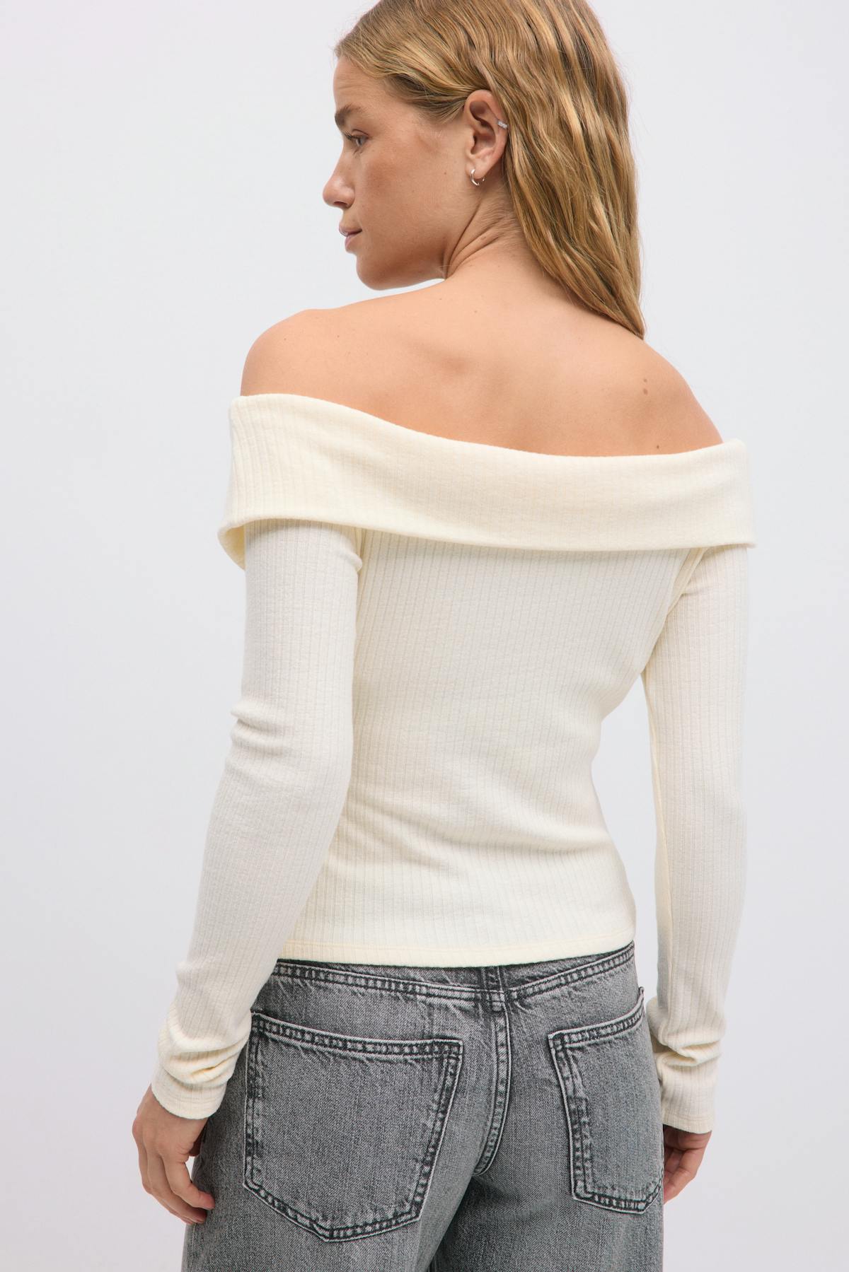 Off shoulder rib top - Egret