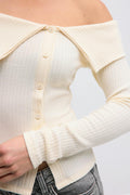 Off shoulder rib top - Egret