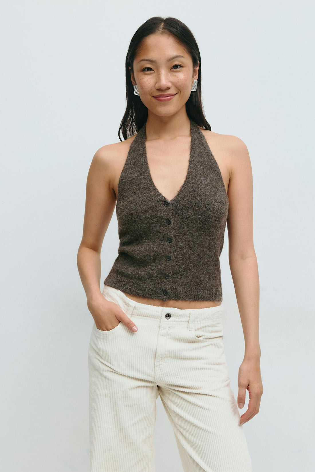 Knitted halterneck vest - Brown melange