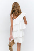 Y one shoulder frill dress - Blanc