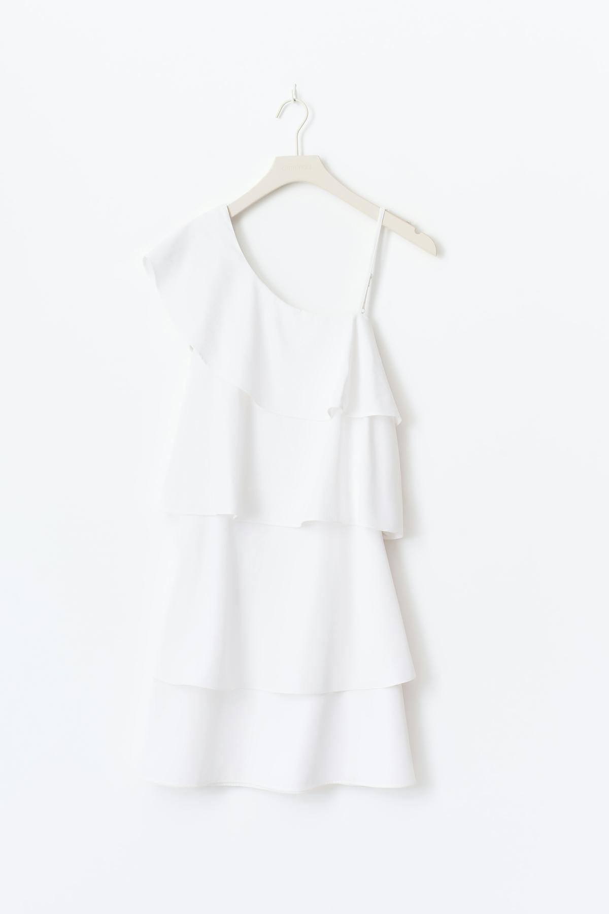 Y one shoulder frill dress - Blanc