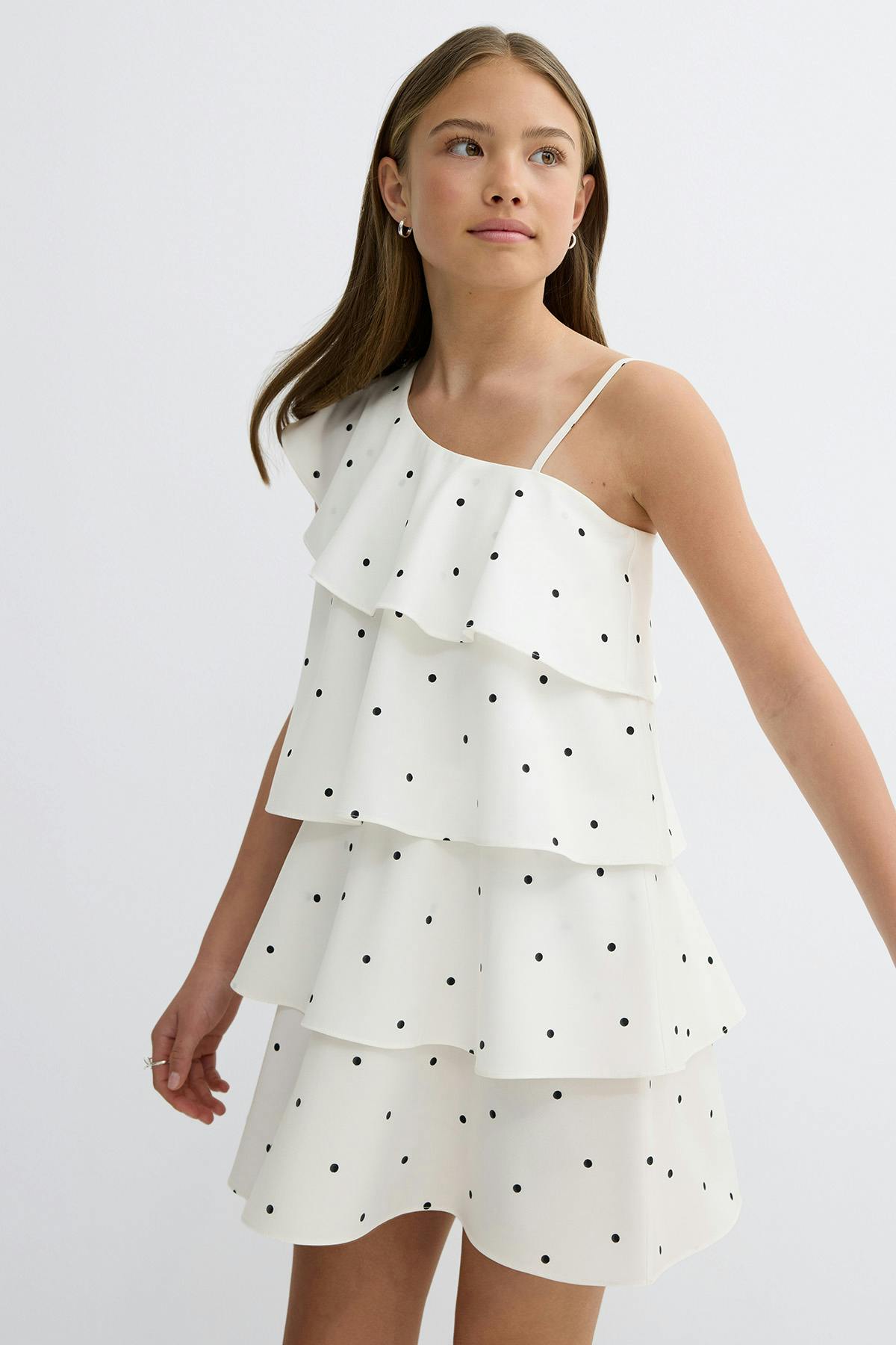 Y one shoulder frill dress - Dot aop