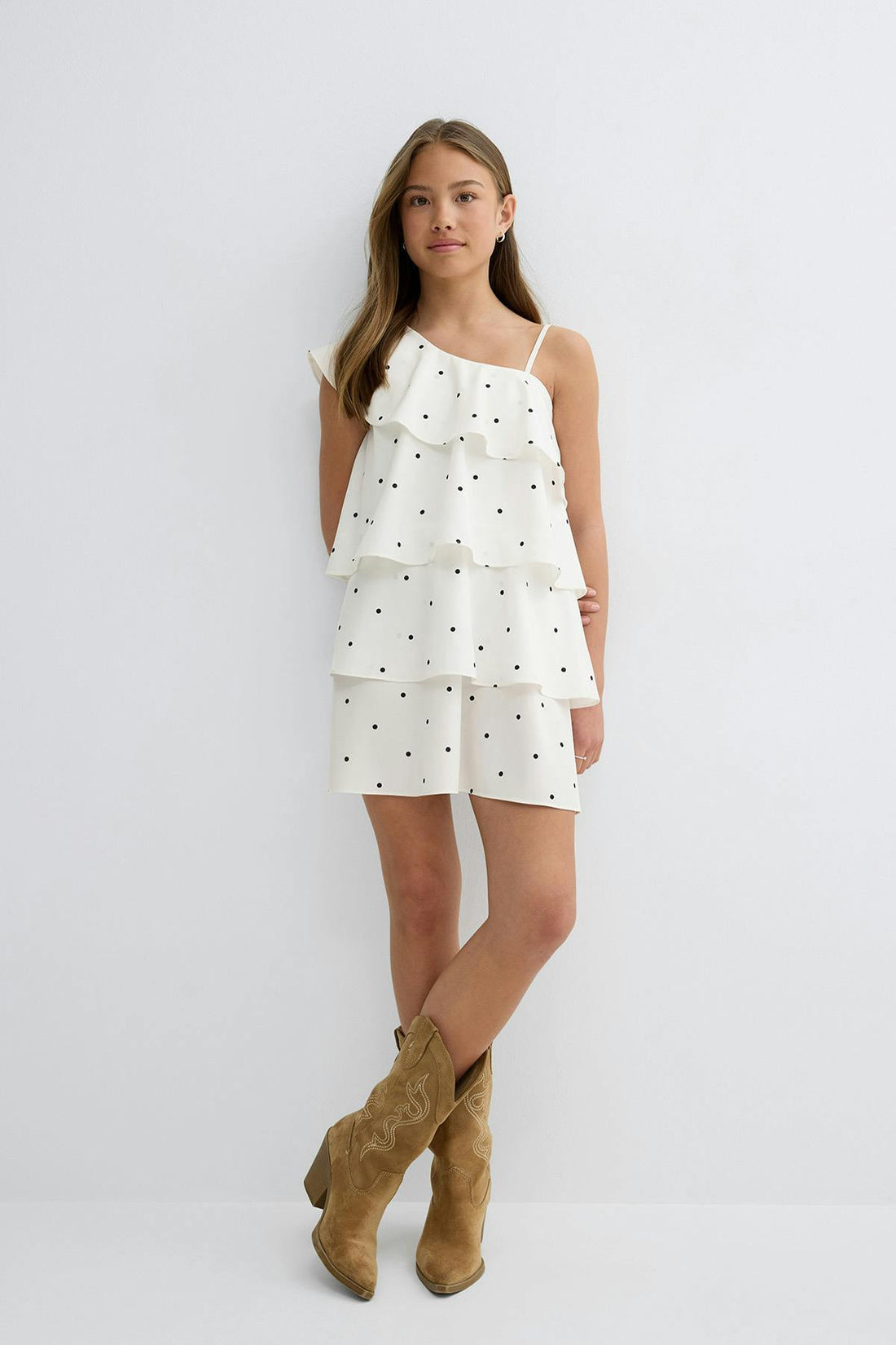 Y one shoulder frill dress - Dot aop