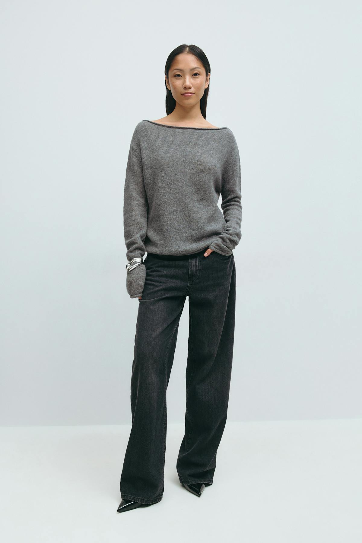 Knitted boatneck top - Mid grey mel