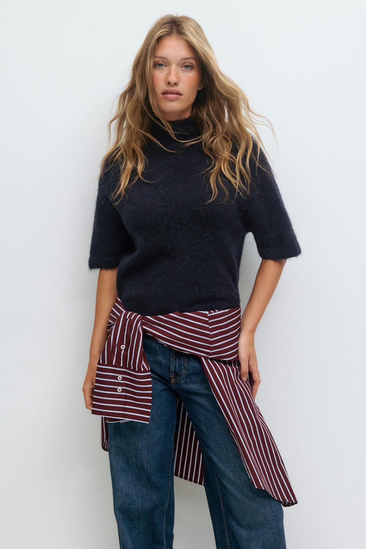 Funnel neck knitted top - Oat melange
