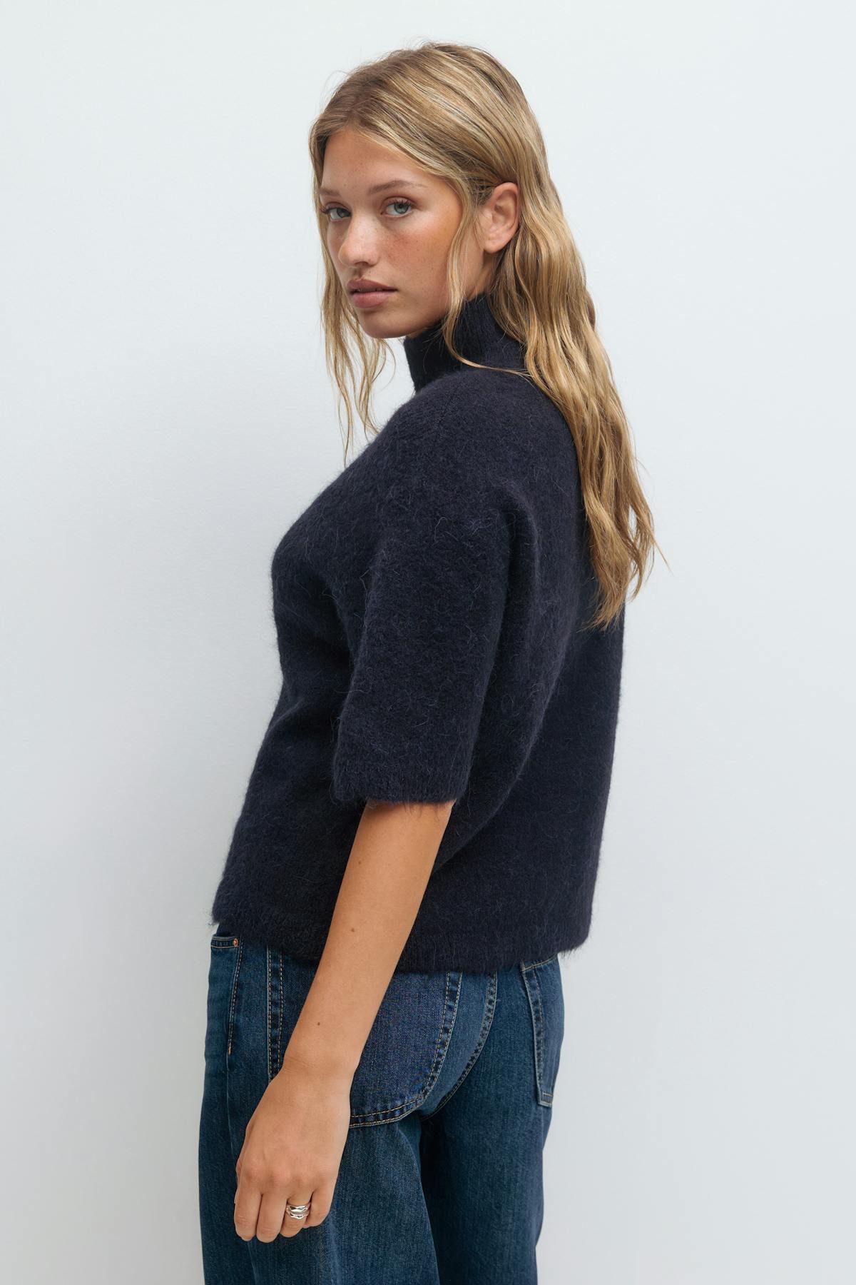 Funnel neck knitted top - Oat melange